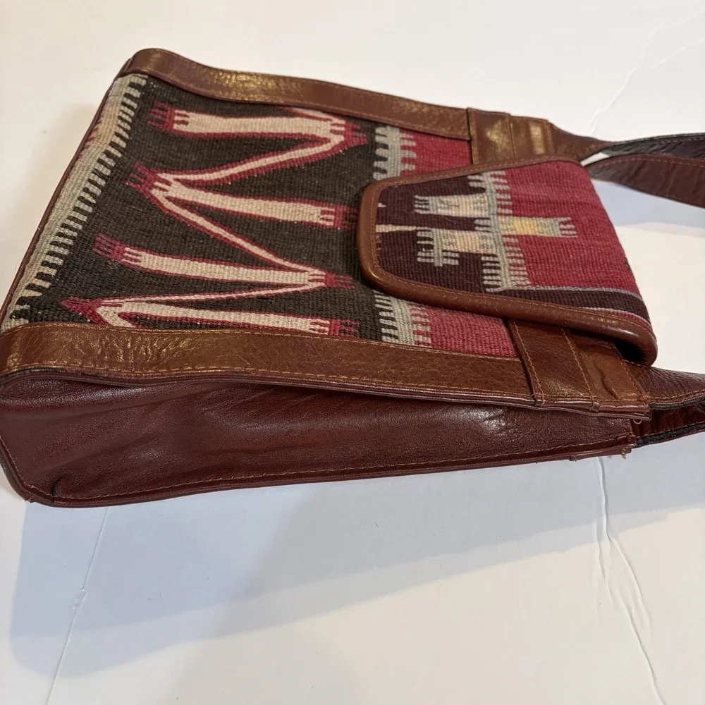 VTG YUN ART Turkish Kilim Wool Rust-Tan Leather Shoulder Bag Purse Boho Hobo